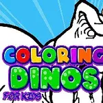 Egy vonalrajzos dinoszaurusz, festőpalettával és ecsettel, háttérben kék sugárzó fényekkel, színes Coloring Dinos for Kids felirattal