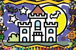 Egy színes rajz egy kastélyról, denevérekkel és csillagokkal a háttérben, nagy, sárga hold előtt, körülötte Halloween témájú díszítésekkel és színes ceruzákkal