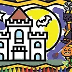 Egy színes rajz egy kastélyról, denevérekkel és csillagokkal a háttérben, nagy, sárga hold előtt, körülötte Halloween témájú díszítésekkel és színes ceruzákkal