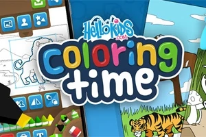Színes coloring time felirat és különböző színező elemek, például állatok és rajzeszközök, mozaikszerű elrendezése