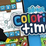 Színes coloring time felirat és különböző színező elemek, például állatok és rajzeszközök, mozaikszerű elrendezése