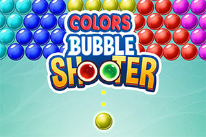 Színes buborékokkal körülvett „Colors Bubble Shooter felirat türkiz háttéren, középen sárga buborékkal