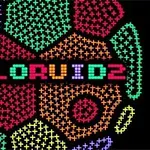 Színes geometriai minták és „COLORUID 2” felirat pixelstílusban fekete háttér előtt