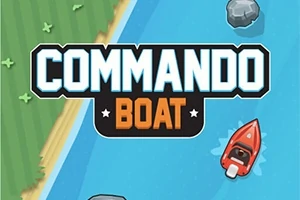 Egy piros motorcsónak úszik egy kék folyón kövek között, mellette a Commando Boat felirat látható