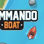 Egy piros motorcsónak úszik egy kék folyón kövek között, mellette a Commando Boat felirat látható