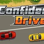 Két autó, egy piros és egy sárga, halad egymás mellett egy aszfaltúton Confident Driver felirat alatt
