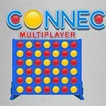 Kék játéktábla piros és sárga korongokkal, felette CONNECT 4 MULTIPLAYER szöveggel