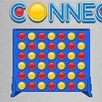 Kék tábla sárga és piros korongokkal, a szöveg Connect 4 a tetején