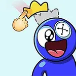 Rajzfilmfigura kék testtel, gombszemmel, nyitott szájjal, akire egy kéz egy sárga koronát tesz