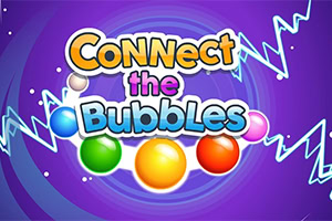 Színes „Connect the Bubbles felirat fényes buborékokkal és cikcakkos villámvonalakkal lila örvénylő háttéren