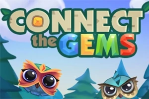 Színes betűkkel írt Connect the Gems felirat, két baglyos figura és fenyőfák háttérben
