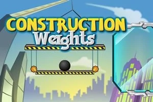 A képen színes felhőkarcolók és építkezési elemek láthatók, ahol egy fekete golyó lóg a levegőben a CONSTRUCTION Weights felirattal