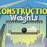 A képen színes felhőkarcolók és építkezési elemek láthatók, ahol egy fekete golyó lóg a levegőben a CONSTRUCTION Weights felirattal