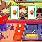Négy rajzfilmszerű figura várakozik hamburgerek és sült krumplik rendeléseivel egy színes, játékos pult előtt