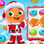 Rajzfilmfigura Mikulás-öltözetben mosolyog egy táblára mutatva, melyen színes fánkok és csillag alakú sütik láthatók