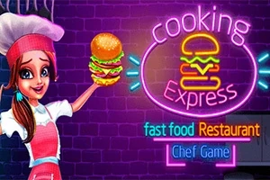 Egy női séf rózsaszín egyenruhában hamburgert tart a kezében, neon fényekkel a háttérben