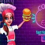 Egy női séf rózsaszín egyenruhában hamburgert tart a kezében, neon fényekkel a háttérben