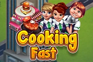 Három mosolygós figura kötényben ételt tart, egy rózsaszín ételszállító autó mellett, a Cooking Fast felirat előtt