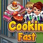 Három mosolygós figura kötényben ételt tart, egy rózsaszín ételszállító autó mellett, a Cooking Fast felirat előtt