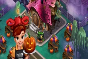 Egy fiatal nő vörös rákos sapkában töklámpást tart egy kísérteties, boszorkányos ház előtt, amelyet Halloween tökök vesznek körül