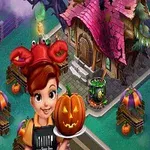 Egy fiatal nő vörös rákos sapkában töklámpást tart egy kísérteties, boszorkányos ház előtt, amelyet Halloween tökök vesznek körül