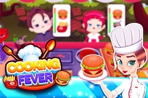 Szakács sapkás nő tart egy hamburgert egy tálcán, miközben két vendég látható háttérben az étterem pultjánál