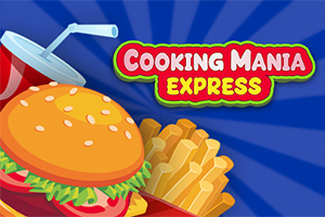 Egy hamburger, sültkrumpli és üdítő kék háttérrel, mellette piros és sárga betűkkel a Cooking Mania Express szöveg