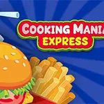 Egy hamburger, sültkrumpli és üdítő kék háttérrel, mellette piros és sárga betűkkel a Cooking Mania Express szöveg