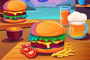 Hamburger és sült krumpli egy étkezőasztalon, háttérben hegyekkel és italokkal