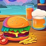 Hamburger és sült krumpli egy étkezőasztalon, háttérben hegyekkel és italokkal