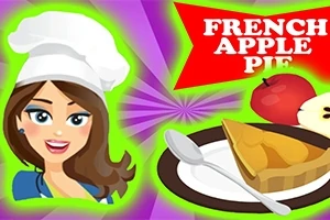 Rajzolt szakács lány fehér sapkában, mellette tálon almaszelet és kalács szelet, háttérben piros alma és French Apple Pie felirat