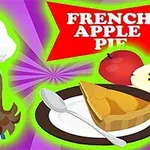 Rajzolt szakács lány fehér sapkában, mellette tálon almaszelet és kalács szelet, háttérben piros alma és French Apple Pie felirat