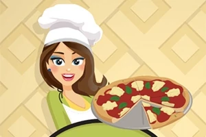 Fiatal nő séfkabátban és kalapban mosolyogva pizzát tart a kezében
