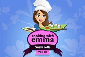Rajzolt nő főzősapkában tányérral, rajta vegán sushi tekercsek, alatta cooking with emma és Sushi rolls vegan felirattal