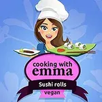 Rajzolt nő főzősapkában tányérral, rajta vegán sushi tekercsek, alatta cooking with emma és Sushi rolls vegan felirattal