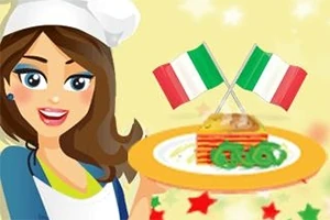 Fiatal nő szakácsruhában tart egy tányéron lasagnát, háttérben két olasz zászlóval