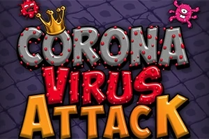 Színes betűkkel írt Coronavirus Attack szöveg látható koronával és rajzolt vírusfigurákkal a háttérben