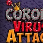 Színes betűkkel írt Coronavirus Attack szöveg látható koronával és rajzolt vírusfigurákkal a háttérben