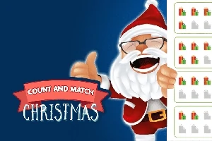 Mikulás mosolyogva integet, mellette ajándékok és felirat: Count and Match Christmas
