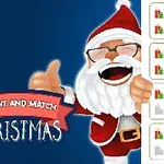 Mikulás mosolyogva integet, mellette ajándékok és felirat: Count and Match Christmas