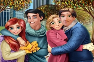 Négy rajzfilmfigura őszi ruhában egy parkban áll, háttérben városképpel és őszi fákkal