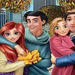 Négy rajzfilmfigura őszi ruhában egy parkban áll, háttérben városképpel és őszi fákkal