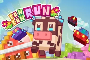 Egy kockás tehén karakter ugrik a színes, pixelart stílusú tájban, miközben kis űrhajók veszik körül