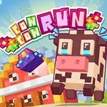 Egy kockás tehén karakter ugrik a színes, pixelart stílusú tájban, miközben kis űrhajók veszik körül