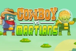 Két karakter, egy cowboy és egy marslakó ellenségesen néznek egymásra, miközben a háttérben repülő csészealjak láthatóak