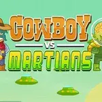 Két karakter, egy cowboy és egy marslakó ellenségesen néznek egymásra, miközben a háttérben repülő csészealjak láthatóak