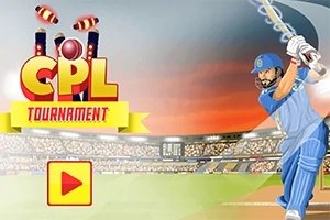 Egy krikettjátékos ütés közben a pályán, háttérben a nézőtérrel és a naplementével, bal oldalon CPL Tournament felirattal