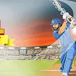 Egy krikettjátékos ütés közben a pályán, háttérben a nézőtérrel és a naplementével, bal oldalon CPL Tournament felirattal