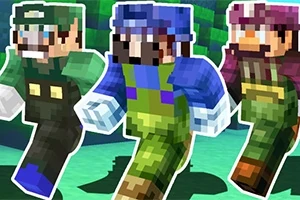 Három pixelált karakter kocka stílusban, színes zöld, kék és lila ruhákban, futás közben
