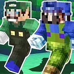 Három pixelált karakter kocka stílusban, színes zöld, kék és lila ruhákban, futás közben